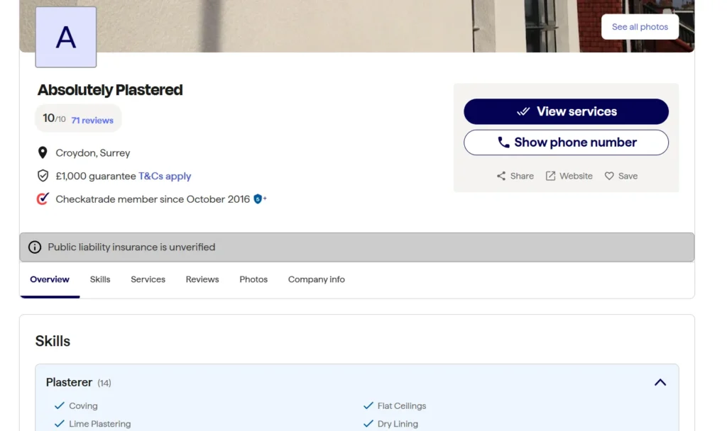 Checkatrade listing for Absolutely Plastered showing 10 out of 10 rating from 71 reviews, location, and contact options — an example of a local SEO citation for tradespeople