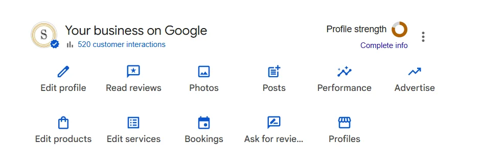 Google Business Profile dashboard showing Edit Profile, Read Reviews, Photos, Posts, Performance and Ask for Review options for a local trade business