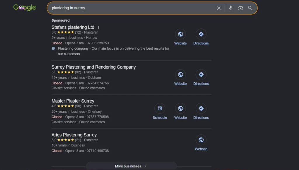 Google Local Map Pack results showing plastering businesses with business names, star ratings, phone numbers and locations visible