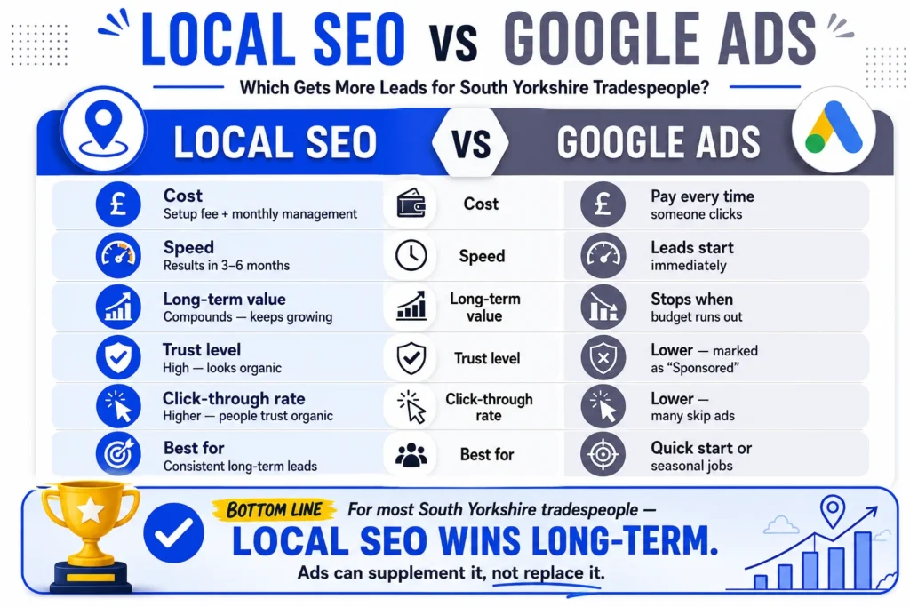 Local SEO vs Google Ads comparison infographic for South Yorkshire tradespeople showing differences in cost, speed, long-term value, trust level, click-through rate, and best use cases