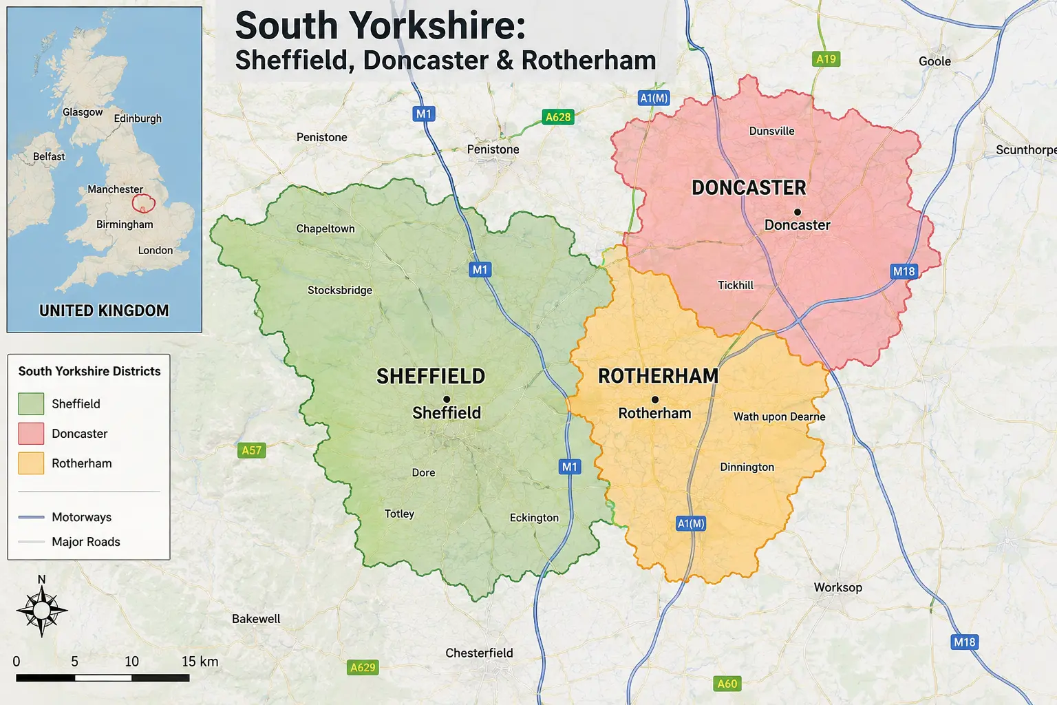 South Yorkshire service area map for trades businesses covering Sheffield Doncaster and Rotherham
