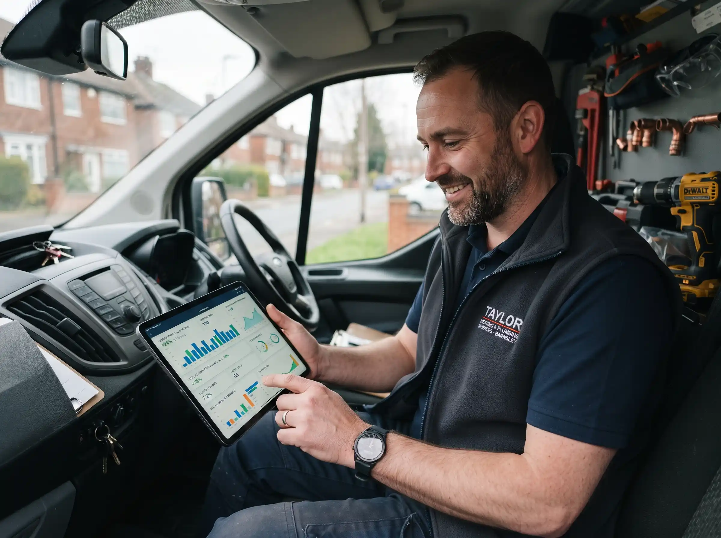 Tradesperson checking website and marketing analytics on a tablet in South Yorkshire