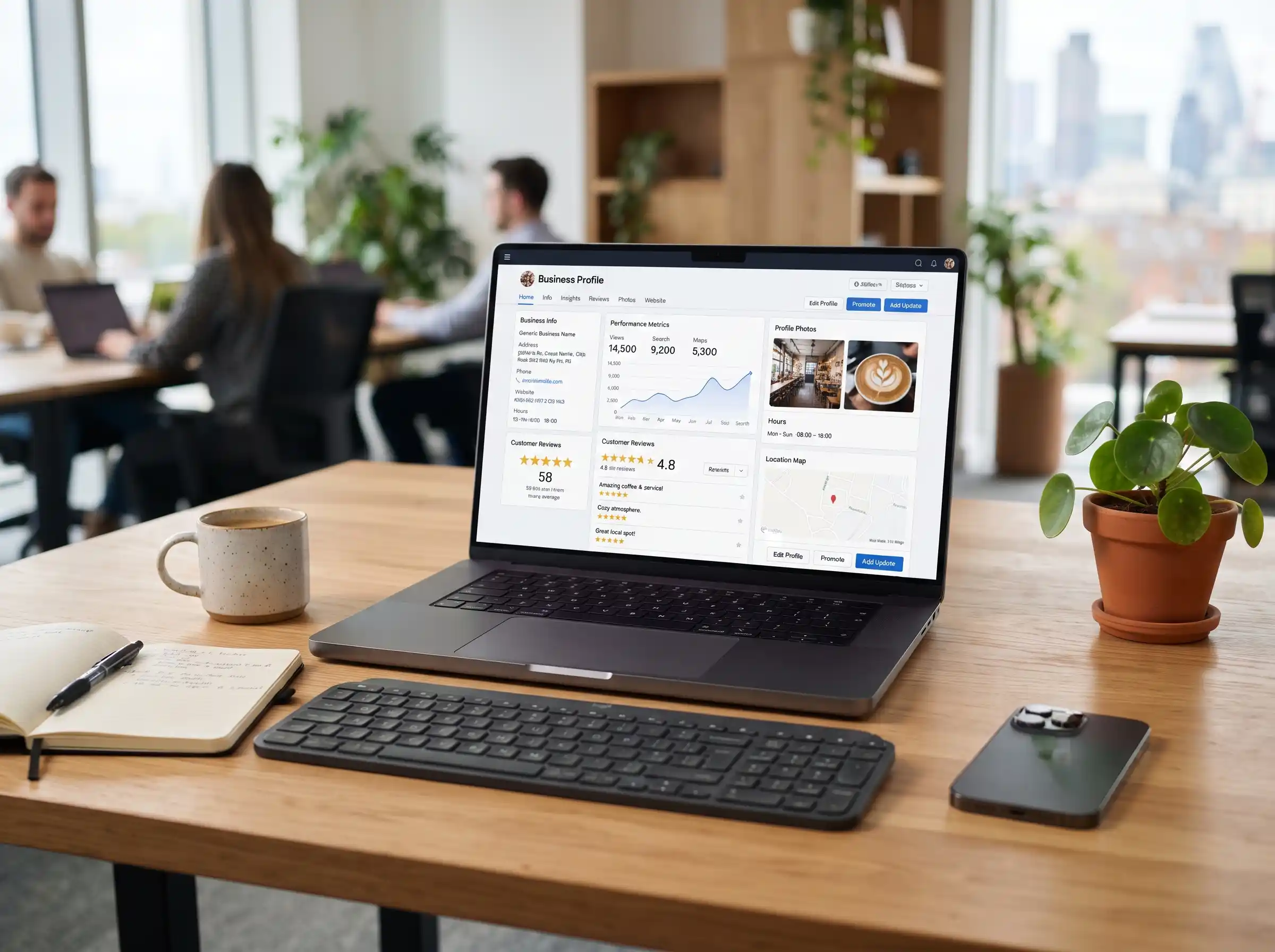 Laptop screen displaying a Google Business Profile dashboard with reviews and business details