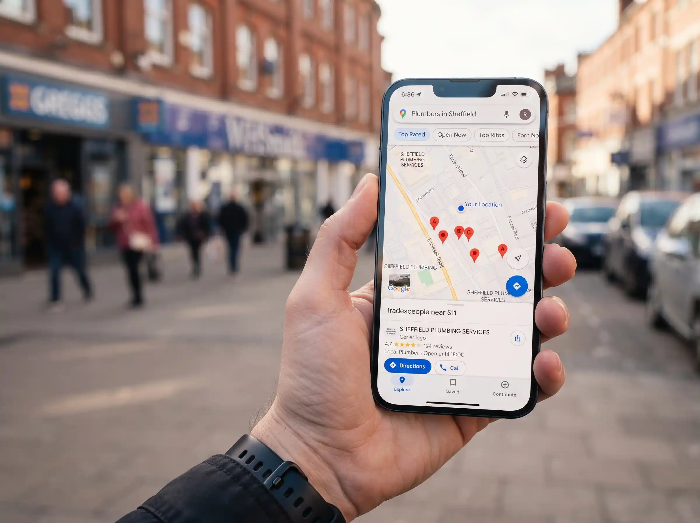 Smartphone showing Google Maps local search results for trade businesses in South Yorkshire