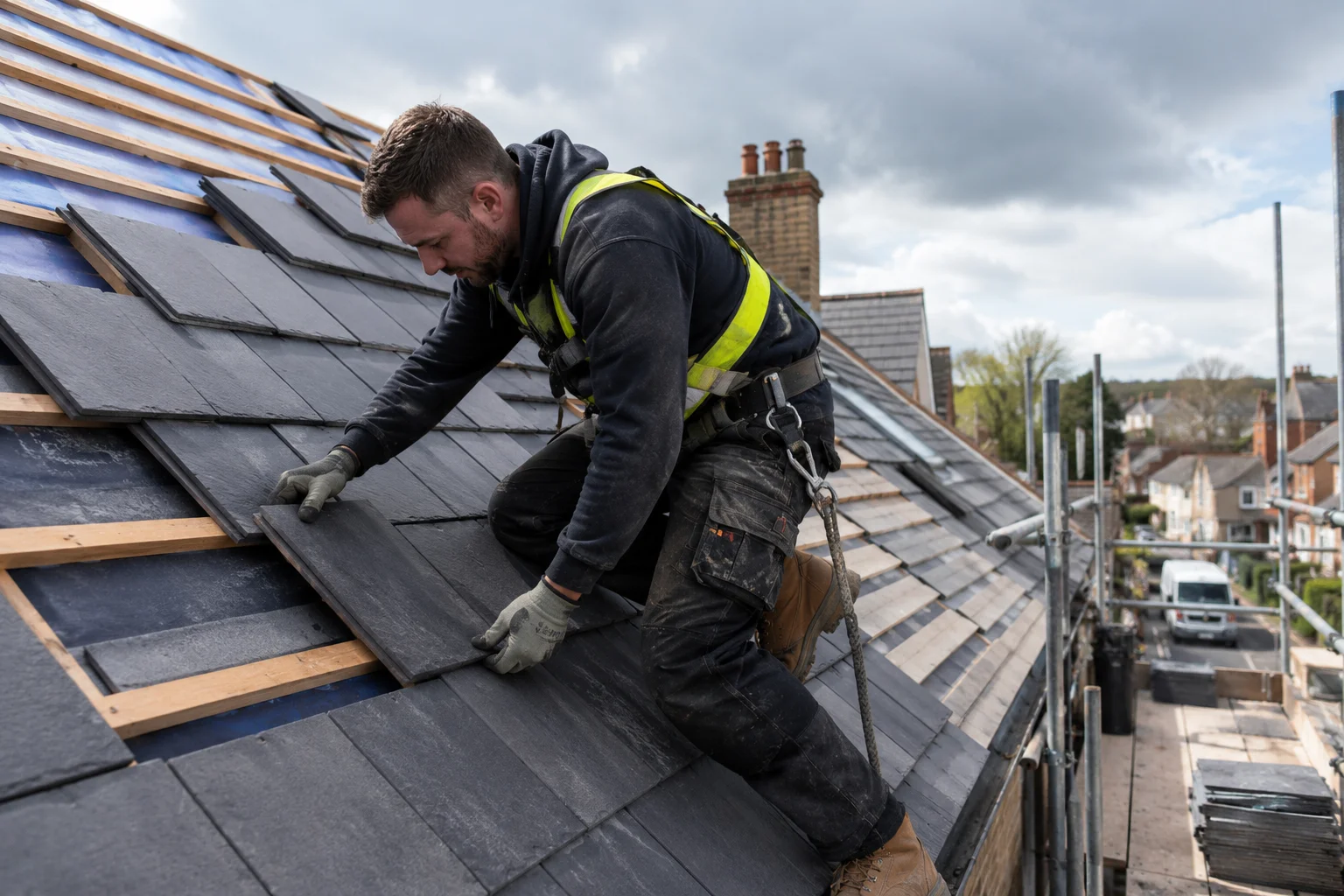 Roofer laying tiles on a pitched roof — digital marketing for roofers in Doncaster