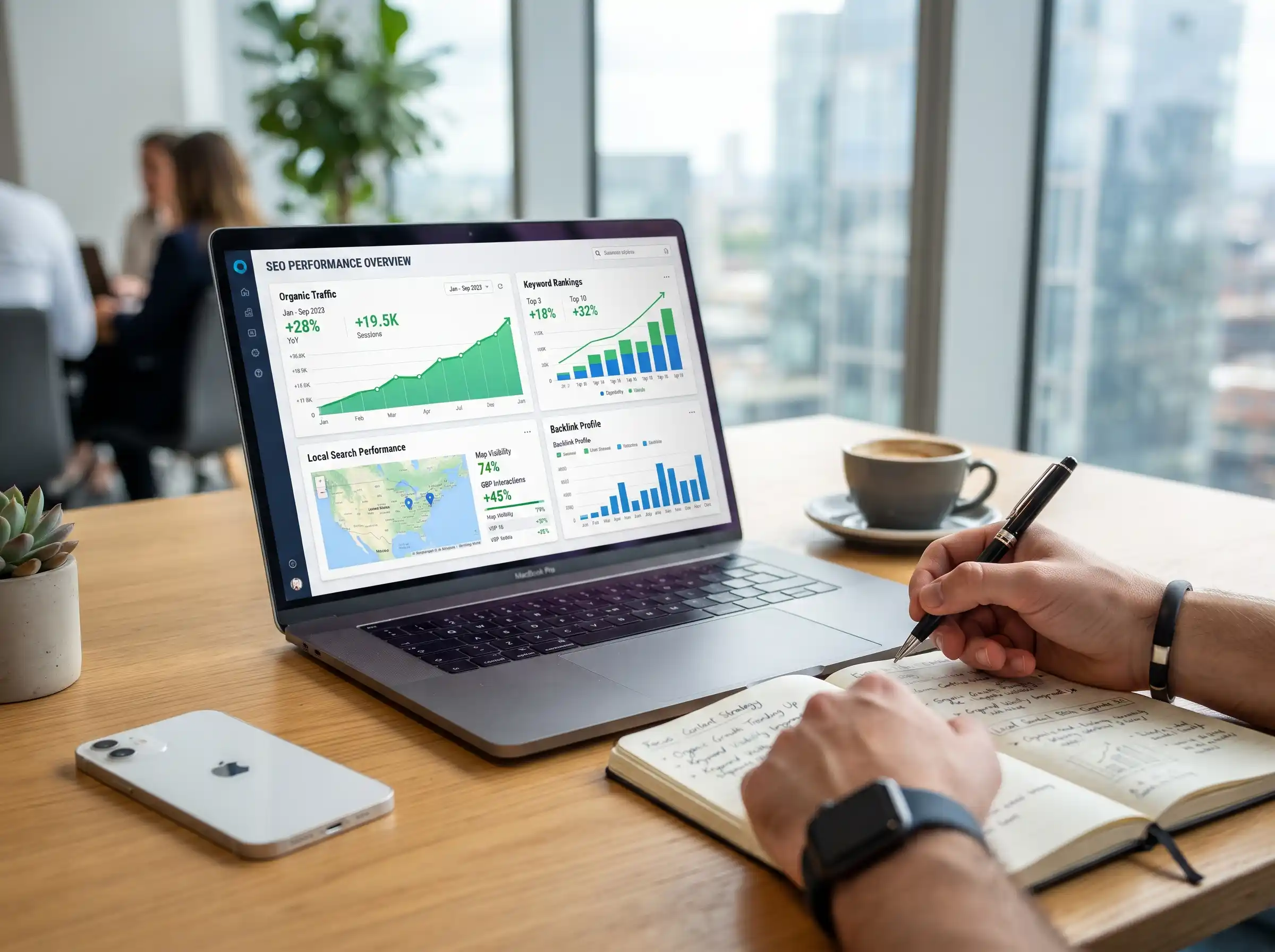 Laptop screen showing an upward SEO ranking and analytics graph