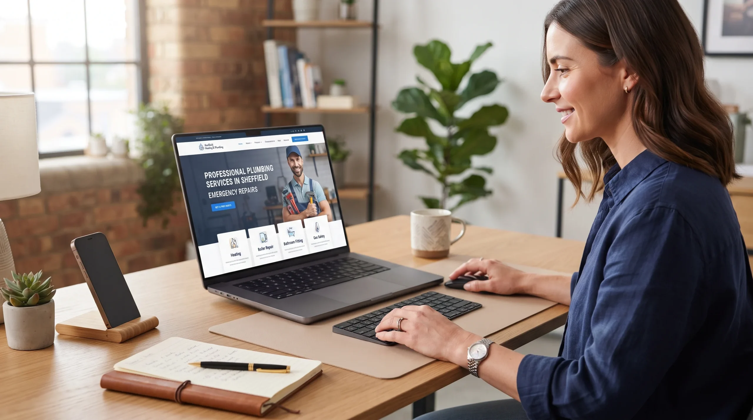 Web designer building a mobile-friendly trades website on a laptop, South Yorkshire